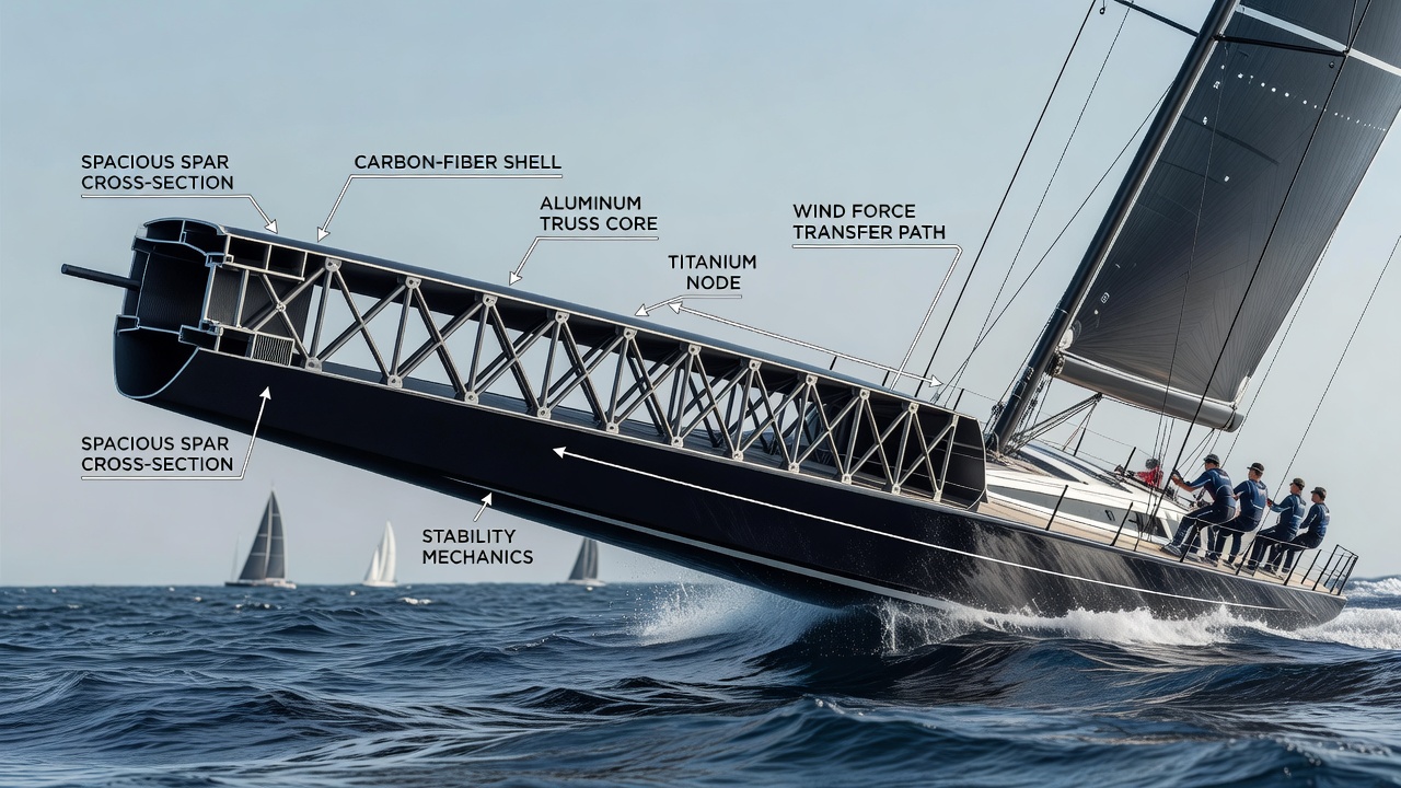 Close-up view of spacious spar mechanics during competitive yacht racing